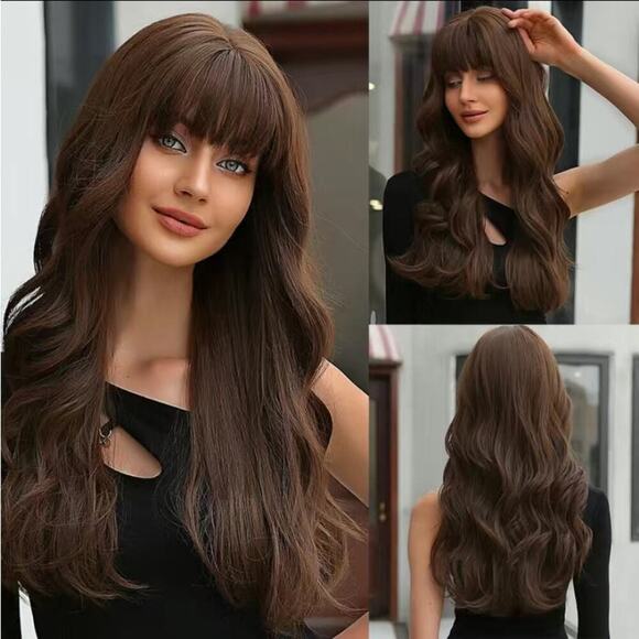 Dark Brown Long Layers 24 Inch Wig With Bangs - Picture 2 of 8
